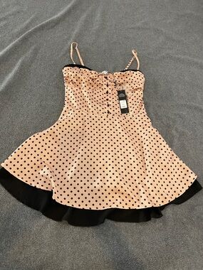 Fashion Nova Pink Polka Dot Fit & Flare Dress with Black Trim